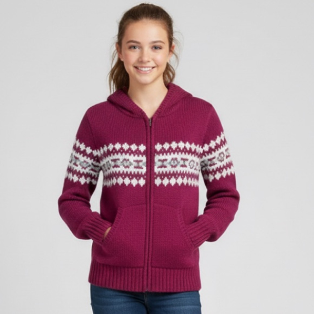 Aeropostale Knit Fair Isle Nordic Sweater Hoodie Full Zip Pockets Small